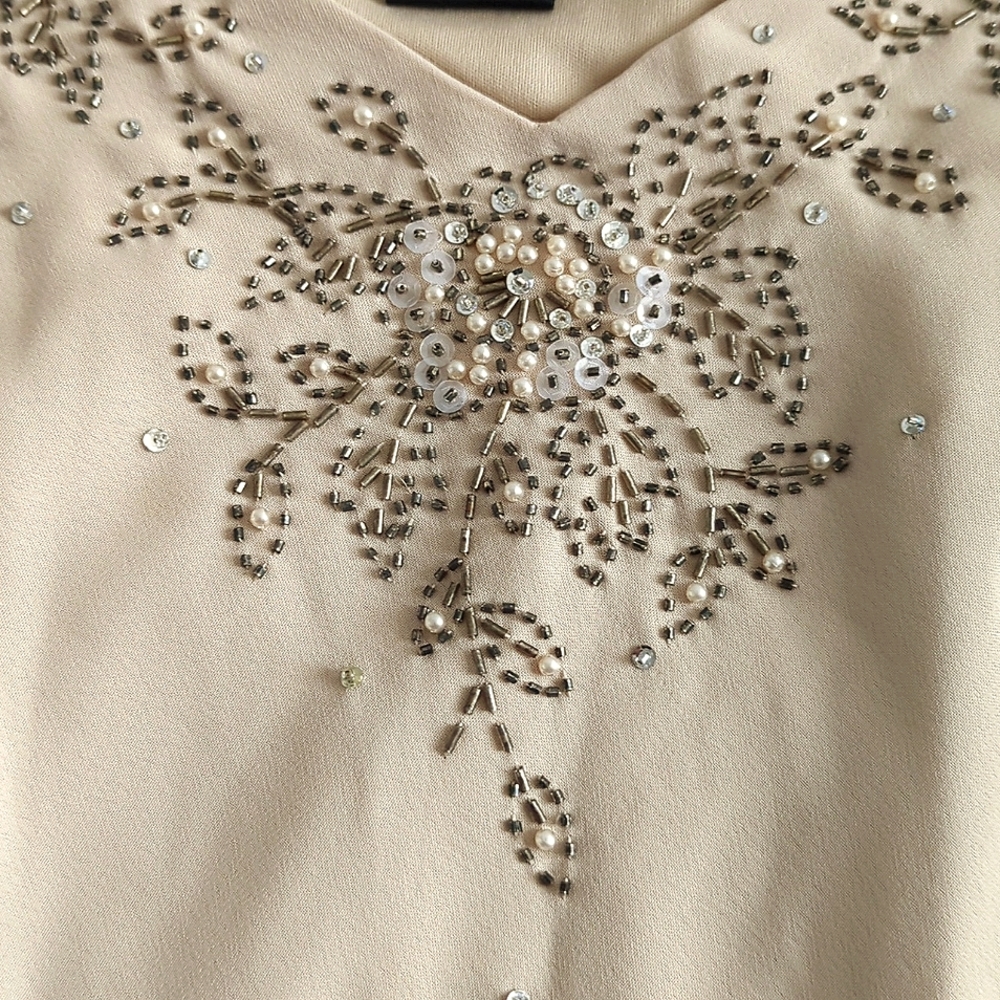S.L. Fashion Cream Beaded Flutter Sleeve Midi Cocktail Dress Size 16 - Picture 6 of 10
